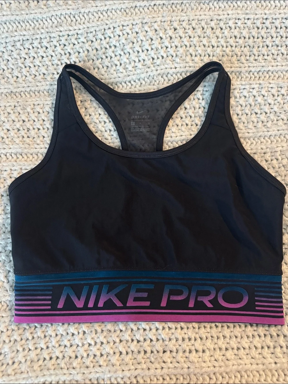 Nike Black Sports Bra with Purple and Teal Gradient Band